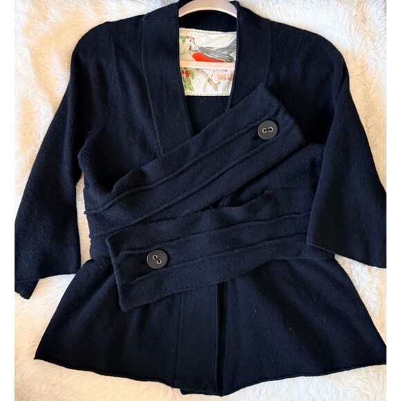 Anthropologie Black Wool Twist Wrap Cardigan S Robin Origami Criss Cross Sweater - Picture 2 of 10